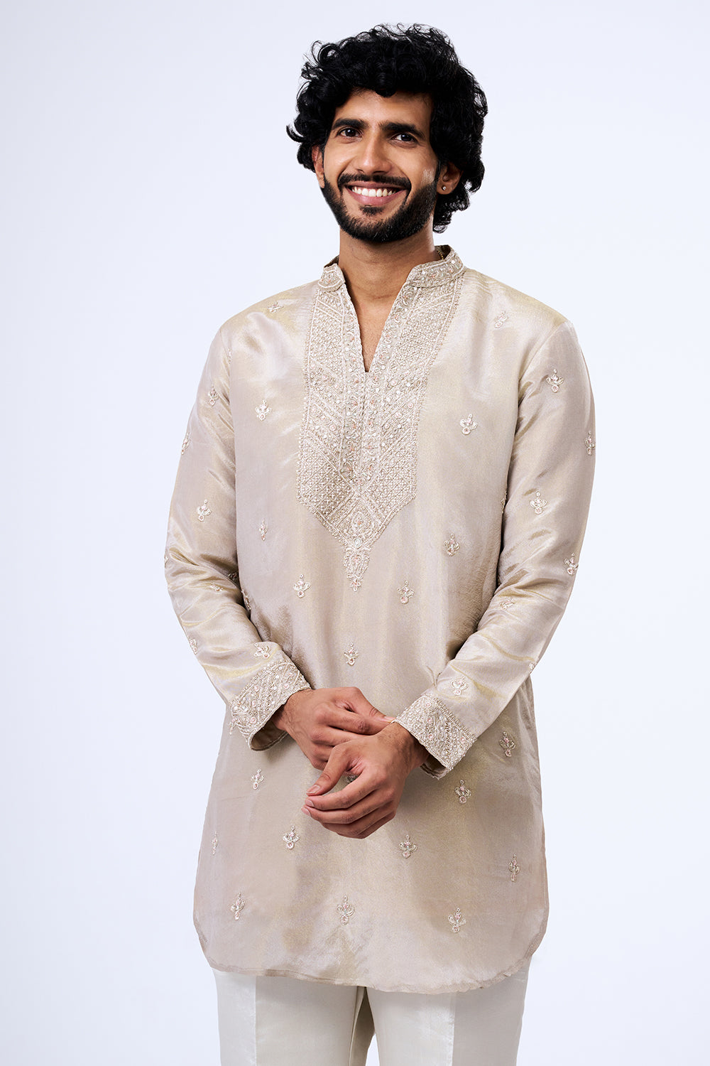 Taupe Shimmer Georgette Zardosi Embellished Kurta Set