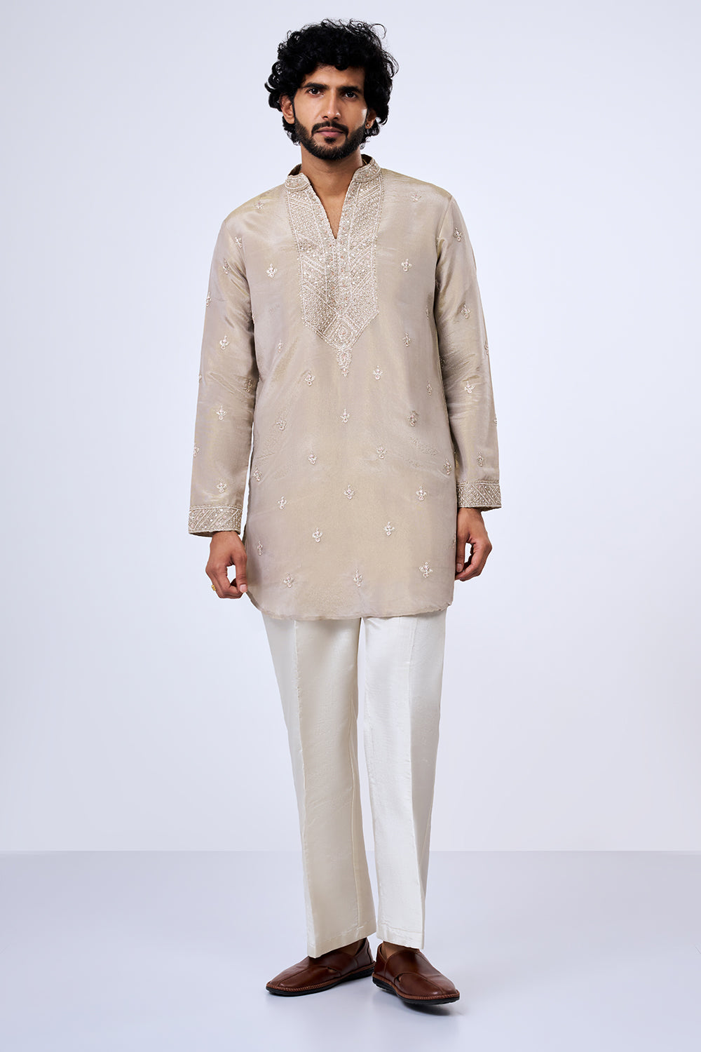 Taupe Shimmer Georgette Zardosi Embellished Kurta Set