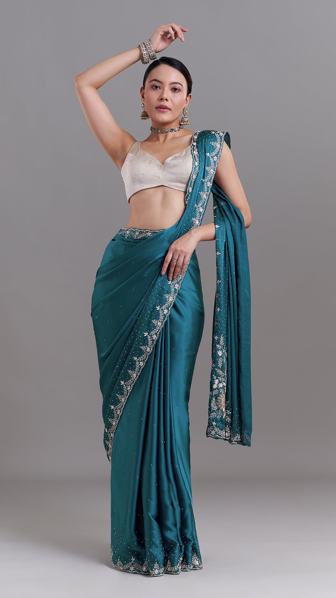 Teal Blue Satin Saree With Ornate Floral Embellishments