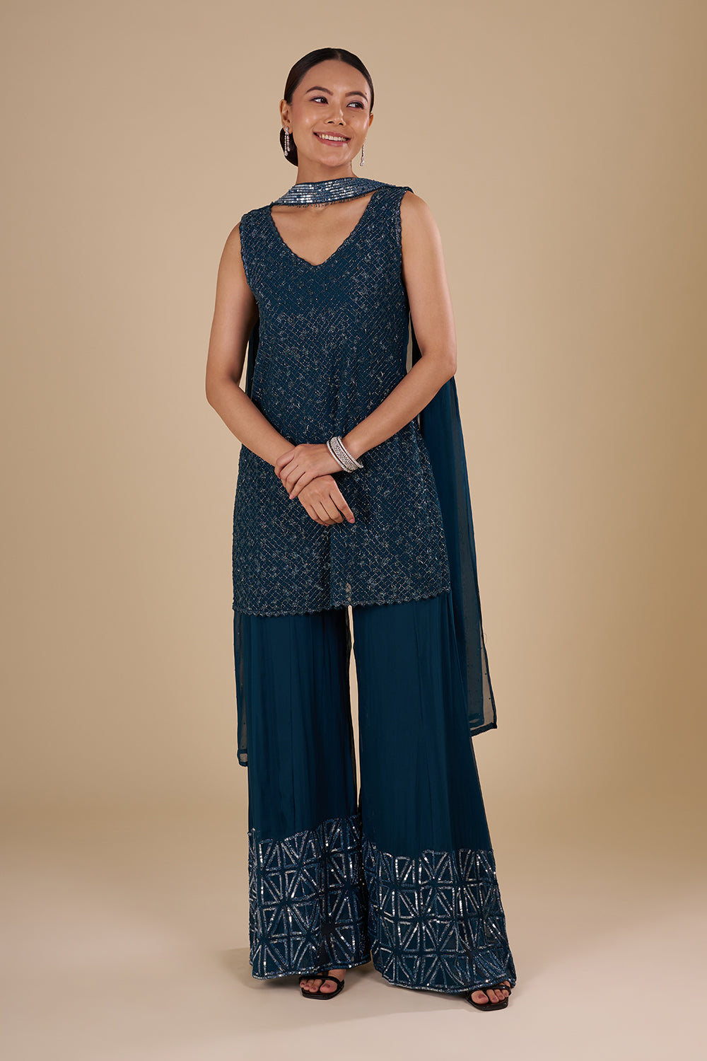 Teal Georgette Sharara Set