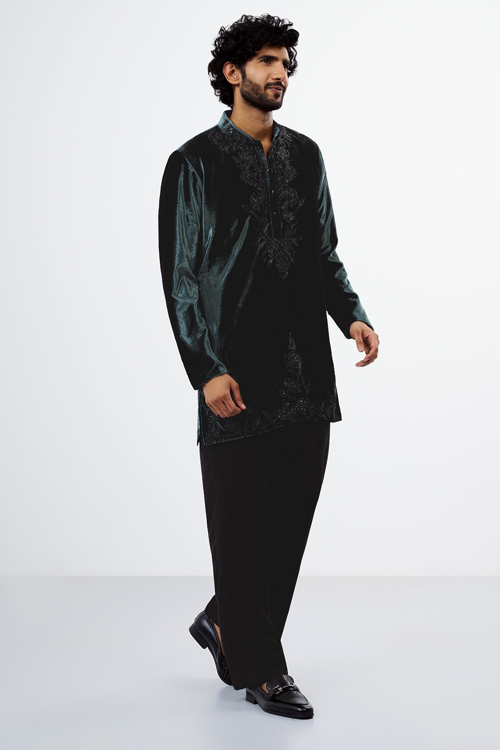 Teal Green Velvet Embellished Men's Kurta Set