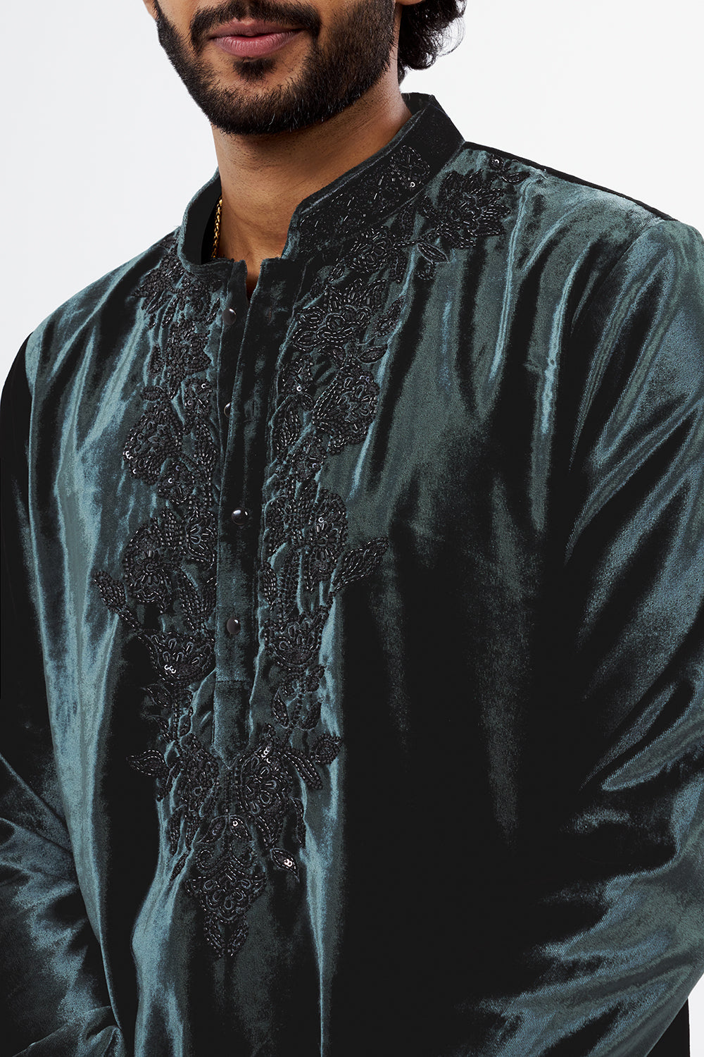 Teal Green Velvet Embellished Men's Kurta Set