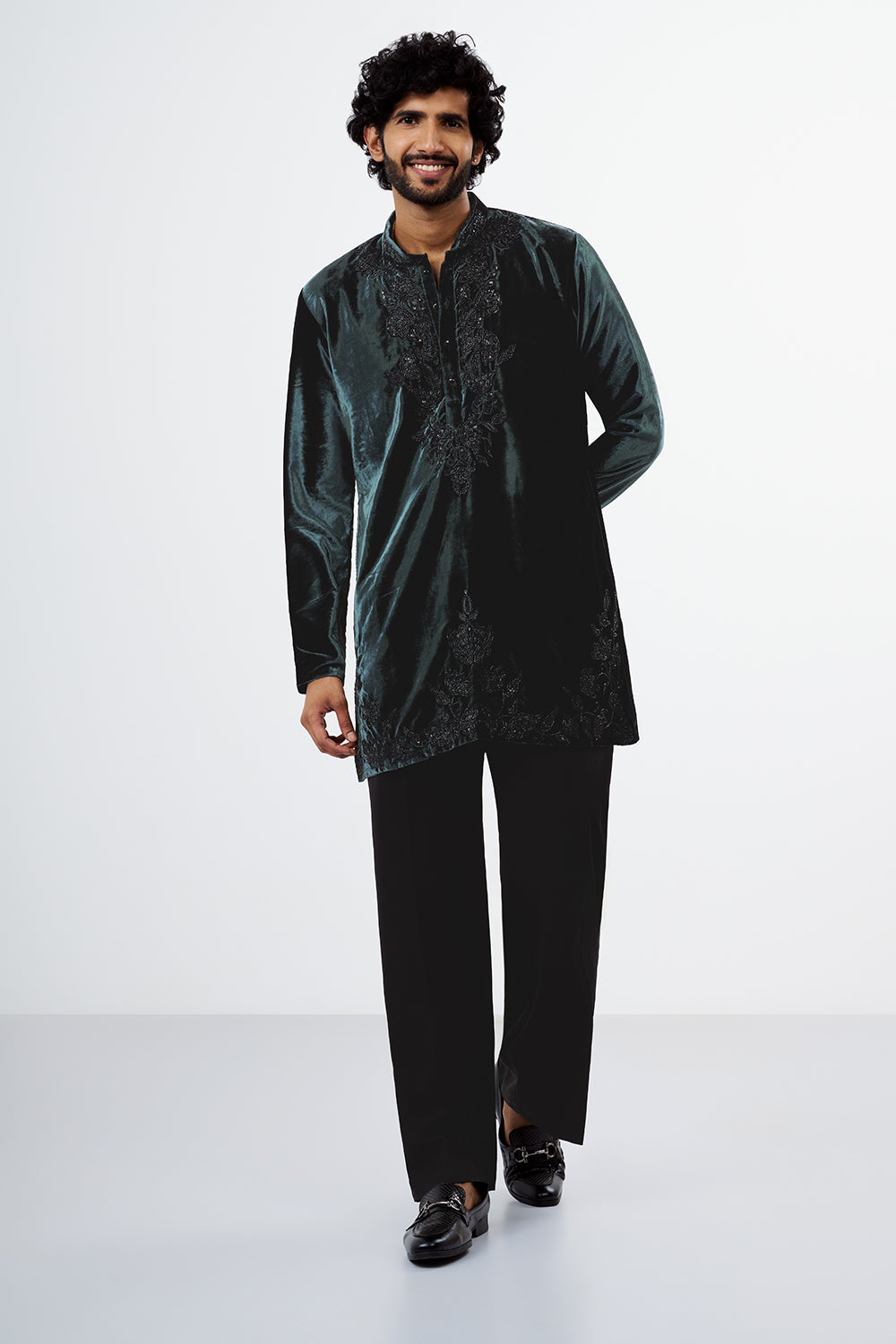 Teal Green Velvet Embellished Men's Kurta Set