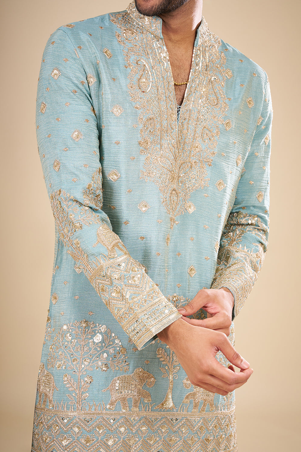 Teal Blue Silk Kurta Set with Nature-Inspired Embroidery