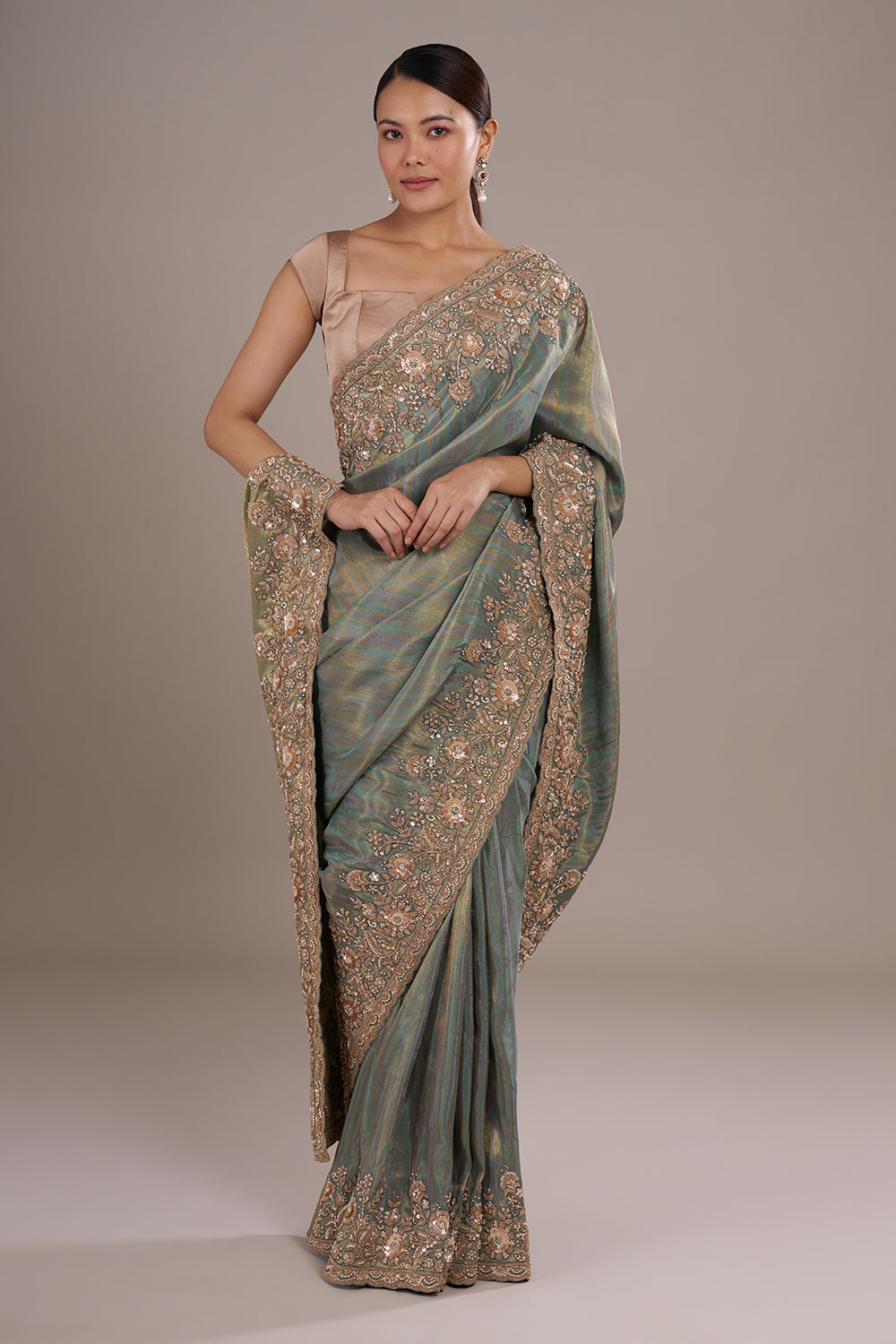 Teal Tissue Silk Saree with Bead Detailing
