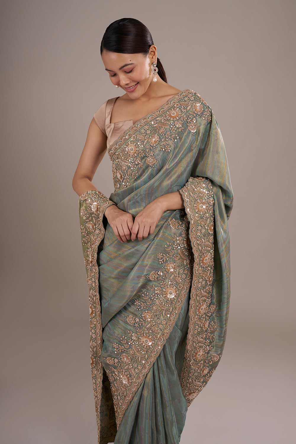 Teal Tissue Silk Saree with Bead Detailing