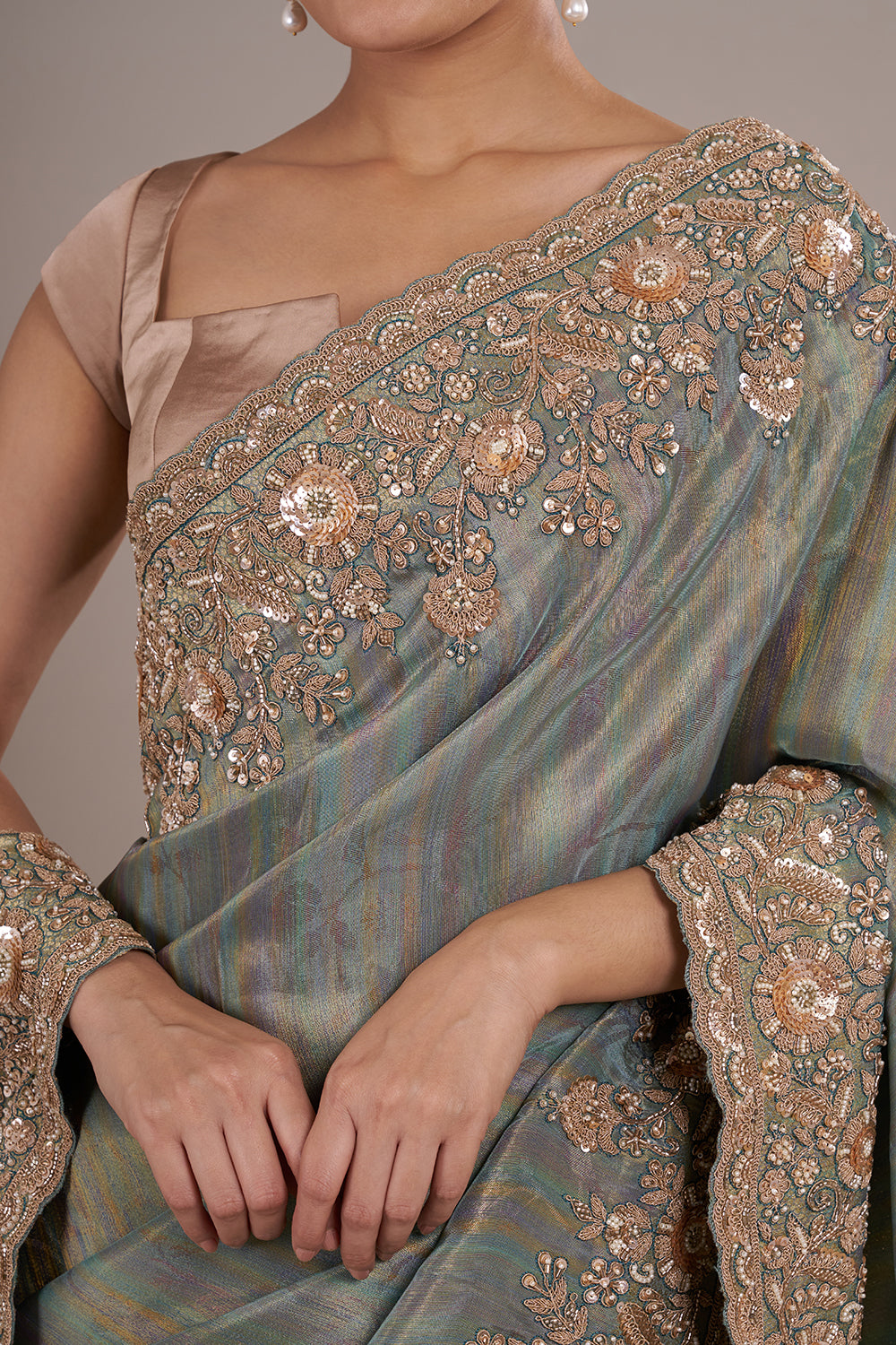Teal Tissue Silk Saree with Bead Detailing
