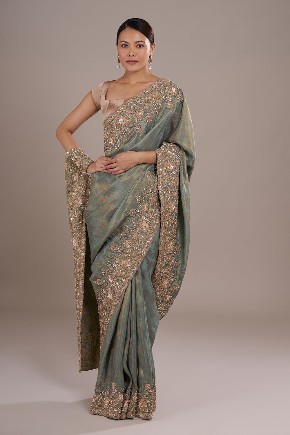 Teal Tissue Silk Saree with Bead Detailing