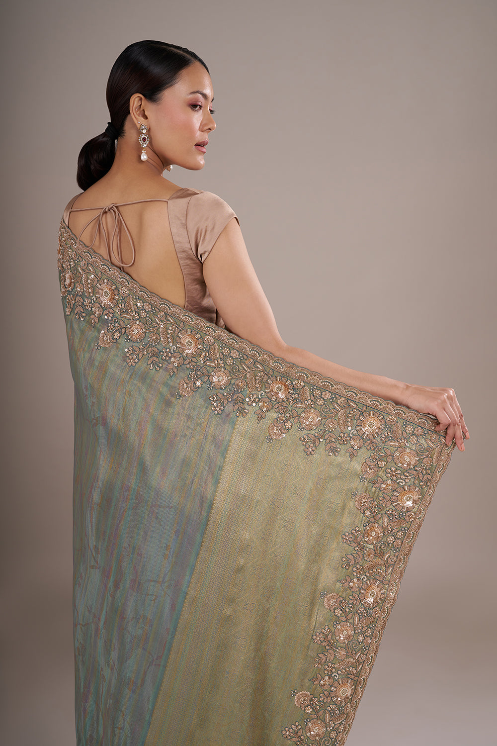Teal Tissue Silk Saree with Bead Detailing