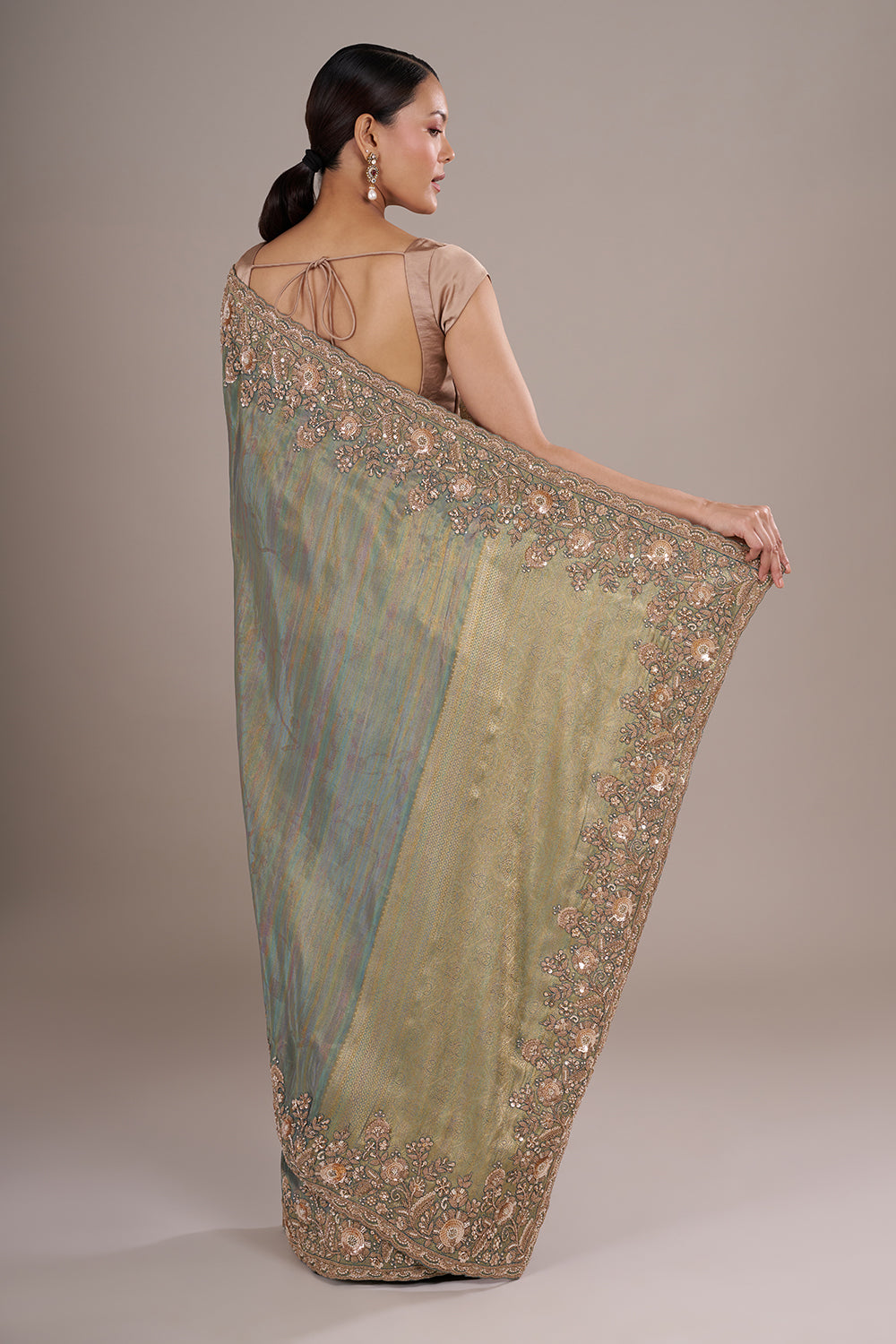 Teal Tissue Silk Saree with Bead Detailing