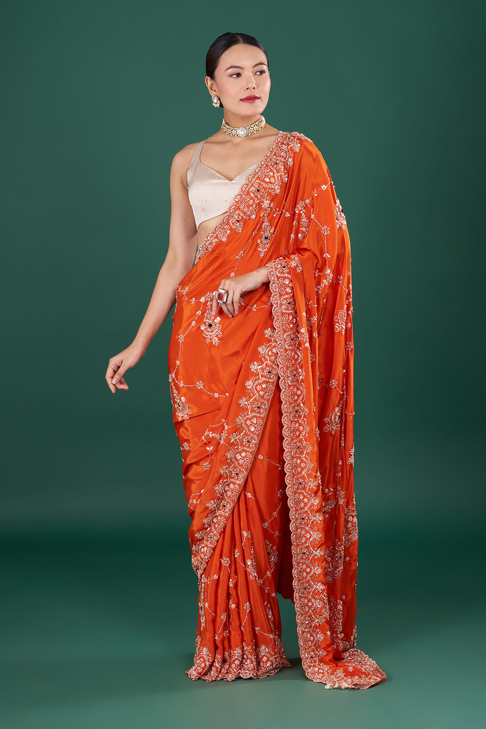 Vermilion Orange Saree with Scalloped Border