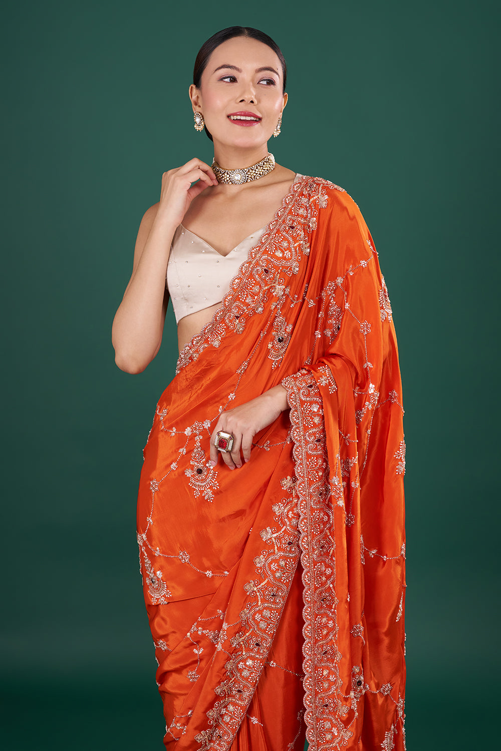 Vermilion Orange Saree with Scalloped Border