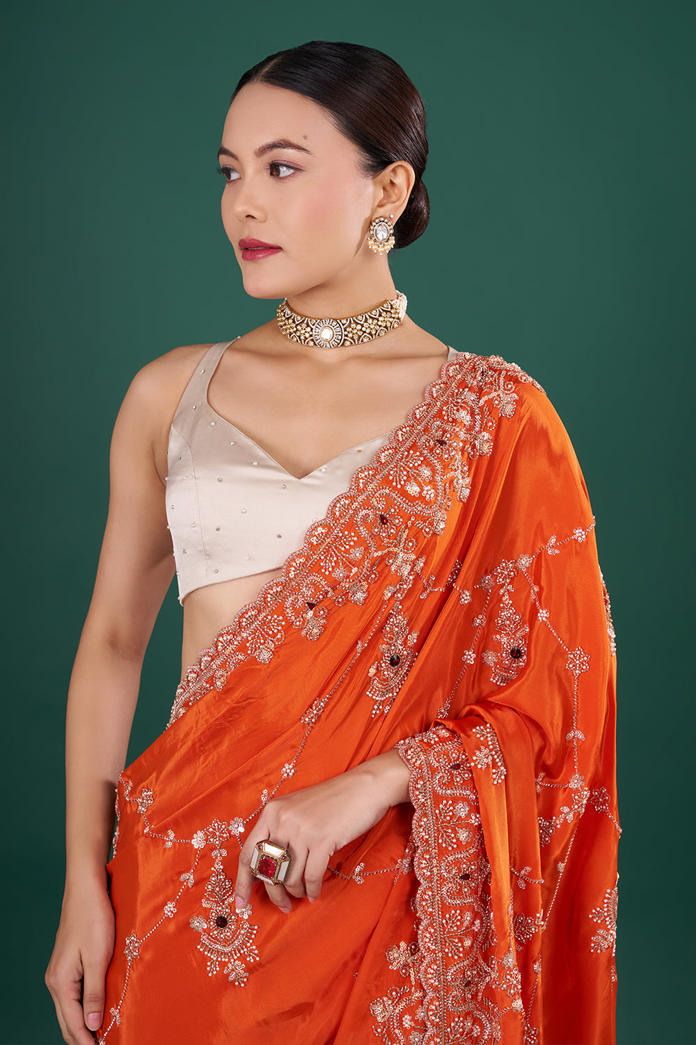 Vermilion Orange Saree with Scalloped Border