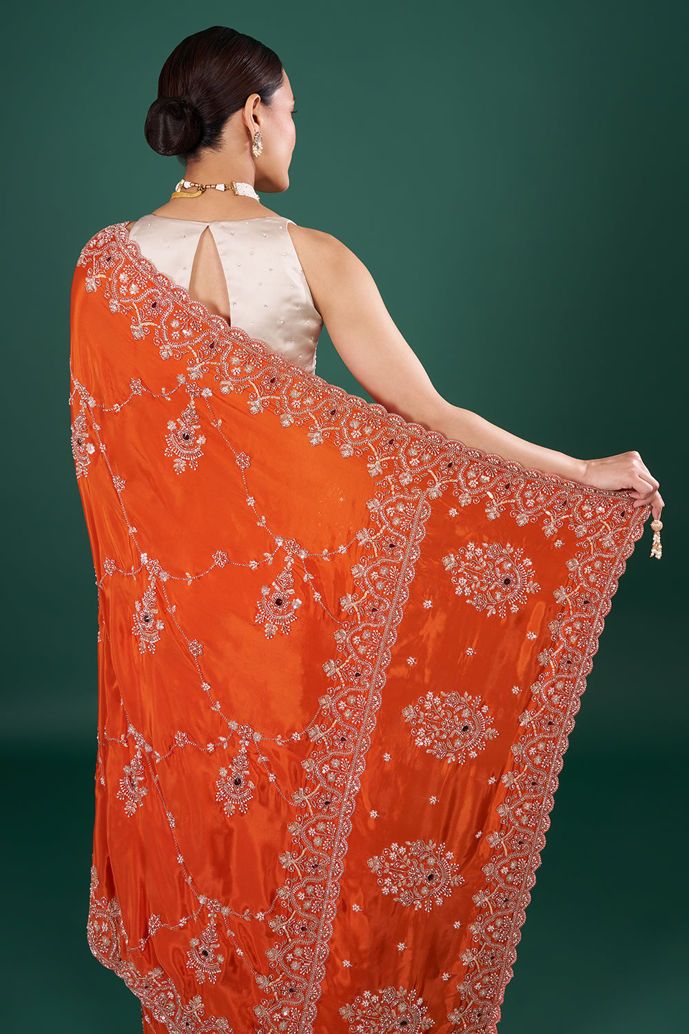 Vermilion Orange Saree with Scalloped Border