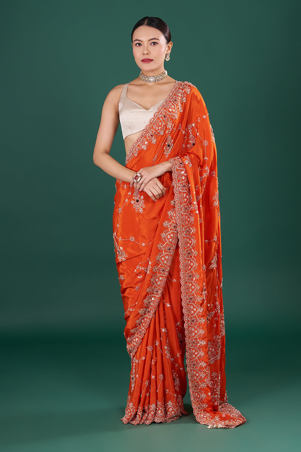 Vermilion Orange Saree with Scalloped Border