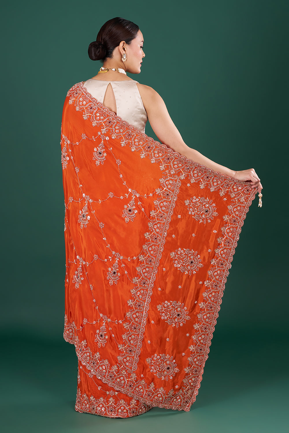 Vermilion Orange Saree with Scalloped Border