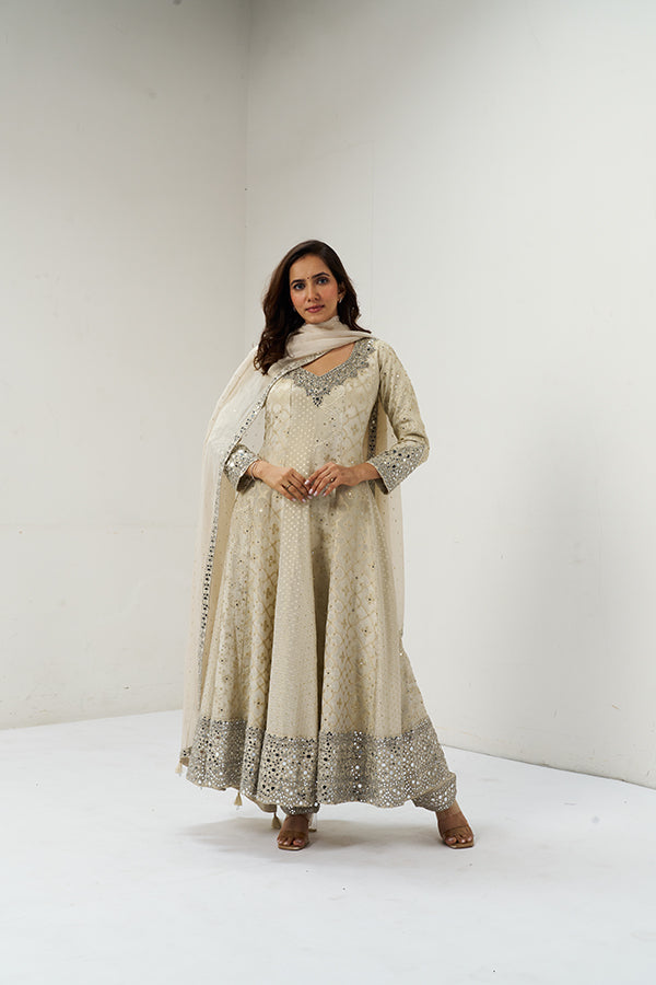 White & Cream Moti Embellished Silk Anarkali Suit Set