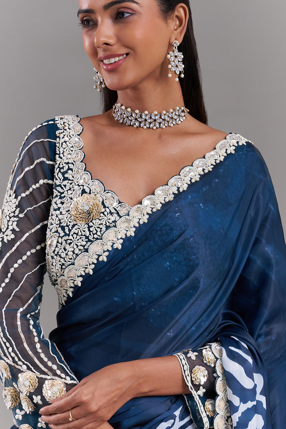 White and Blue Satin Organza Saree with Ornate Border