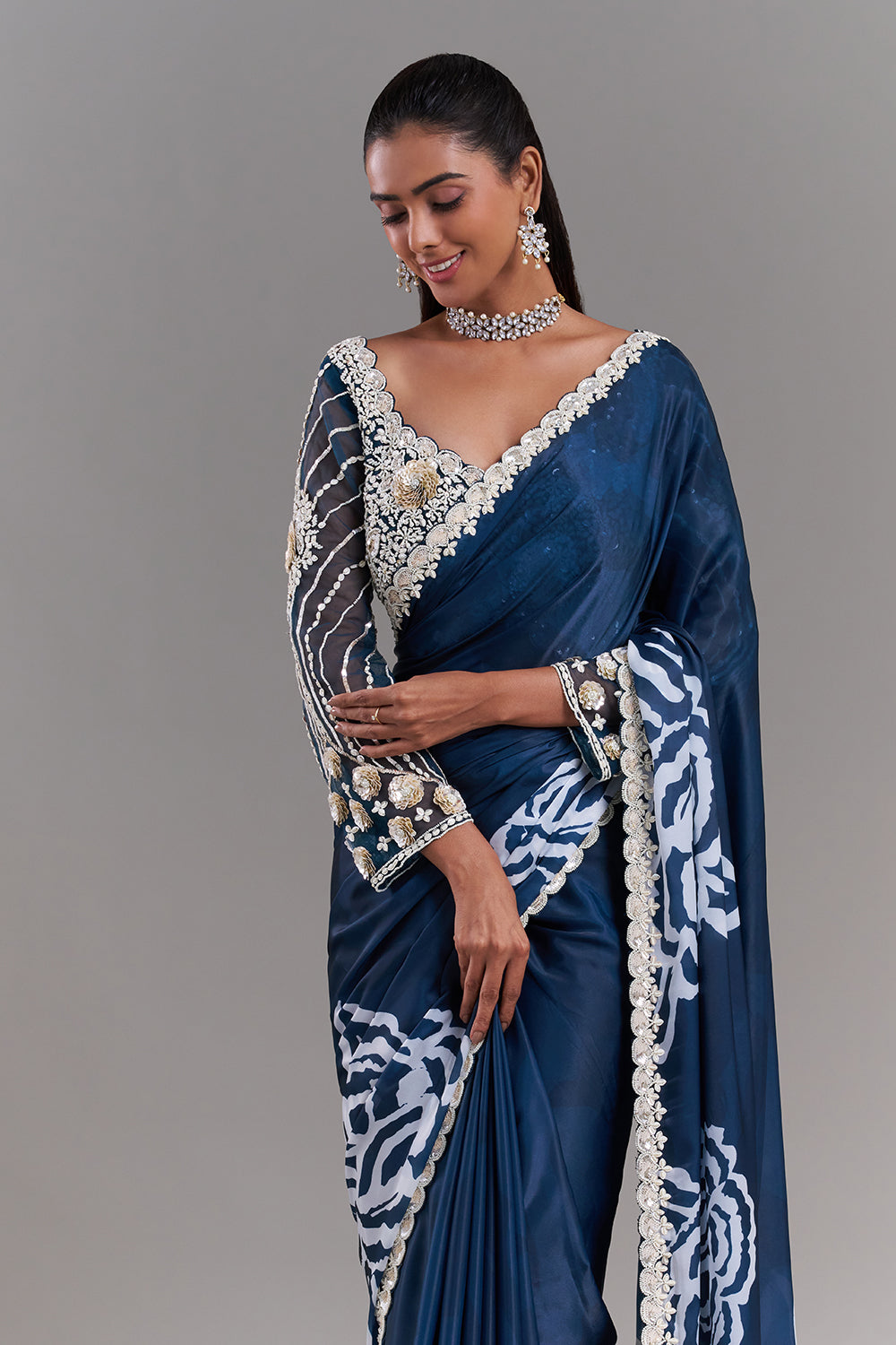 White and Blue Satin Organza Saree with Ornate Border