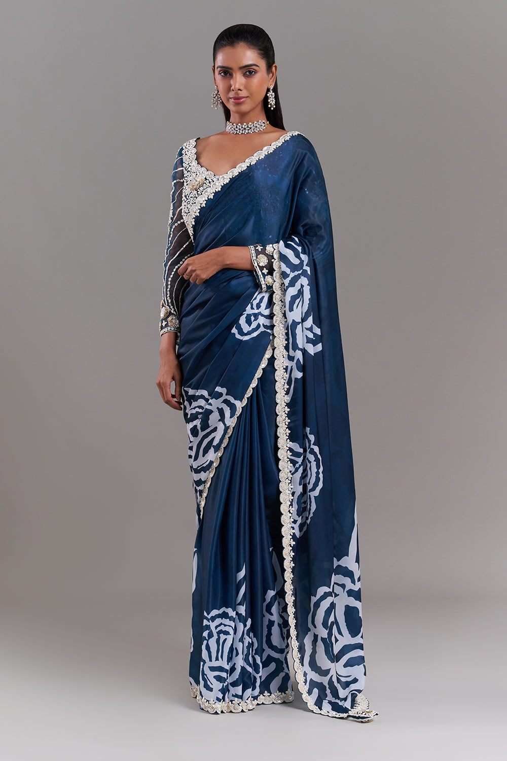 White and Blue Satin Organza Saree with Ornate Border