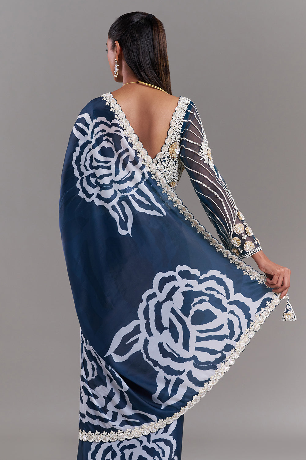 White and Blue Satin Organza Saree with Ornate Border