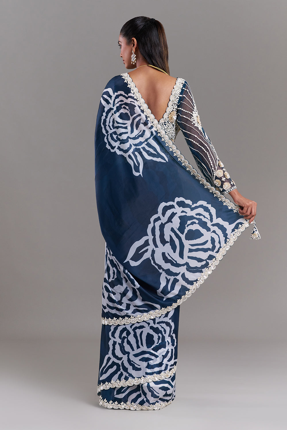 White and Blue Satin Organza Saree with Ornate Border
