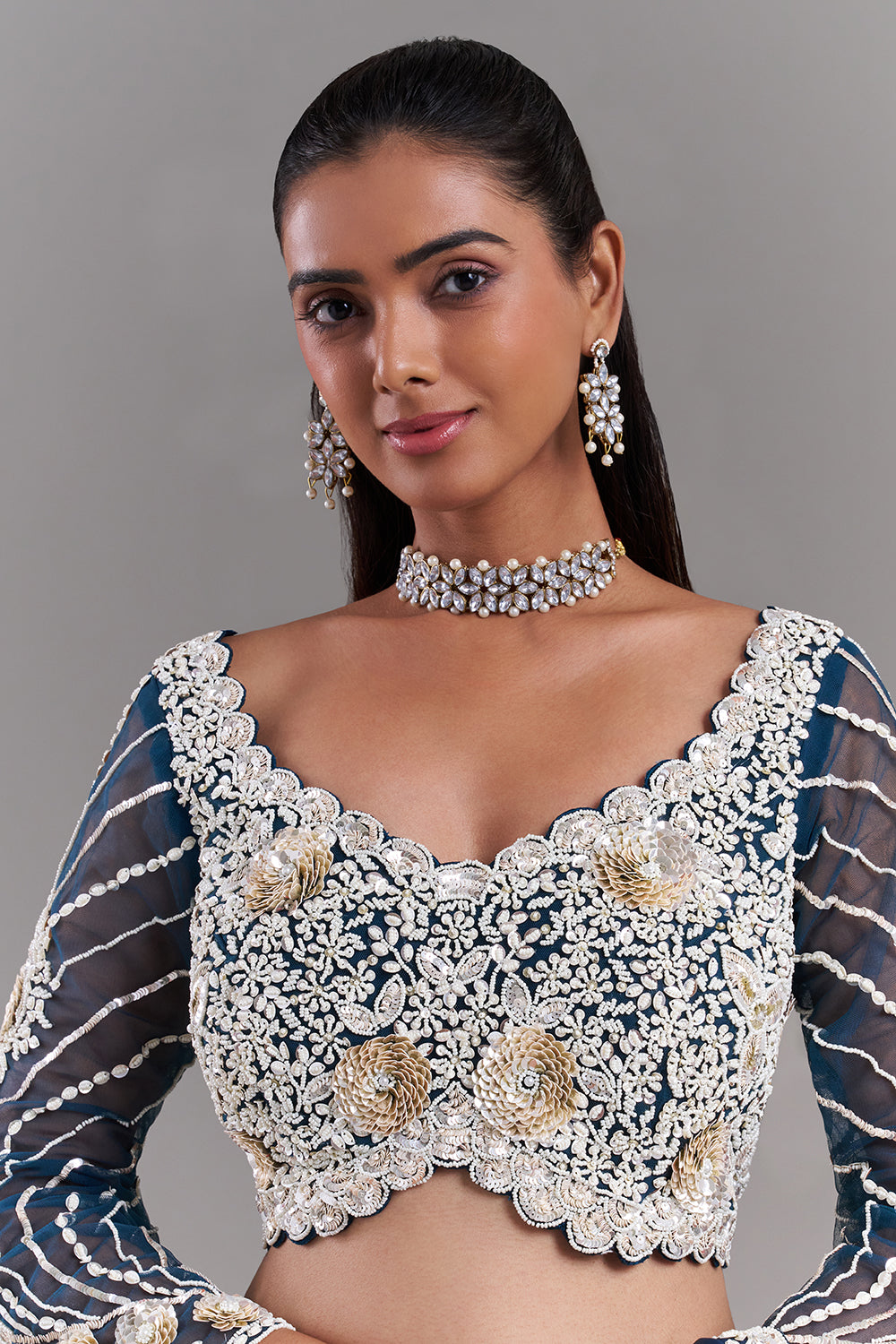 White and Blue Satin Organza Saree with Ornate Border
