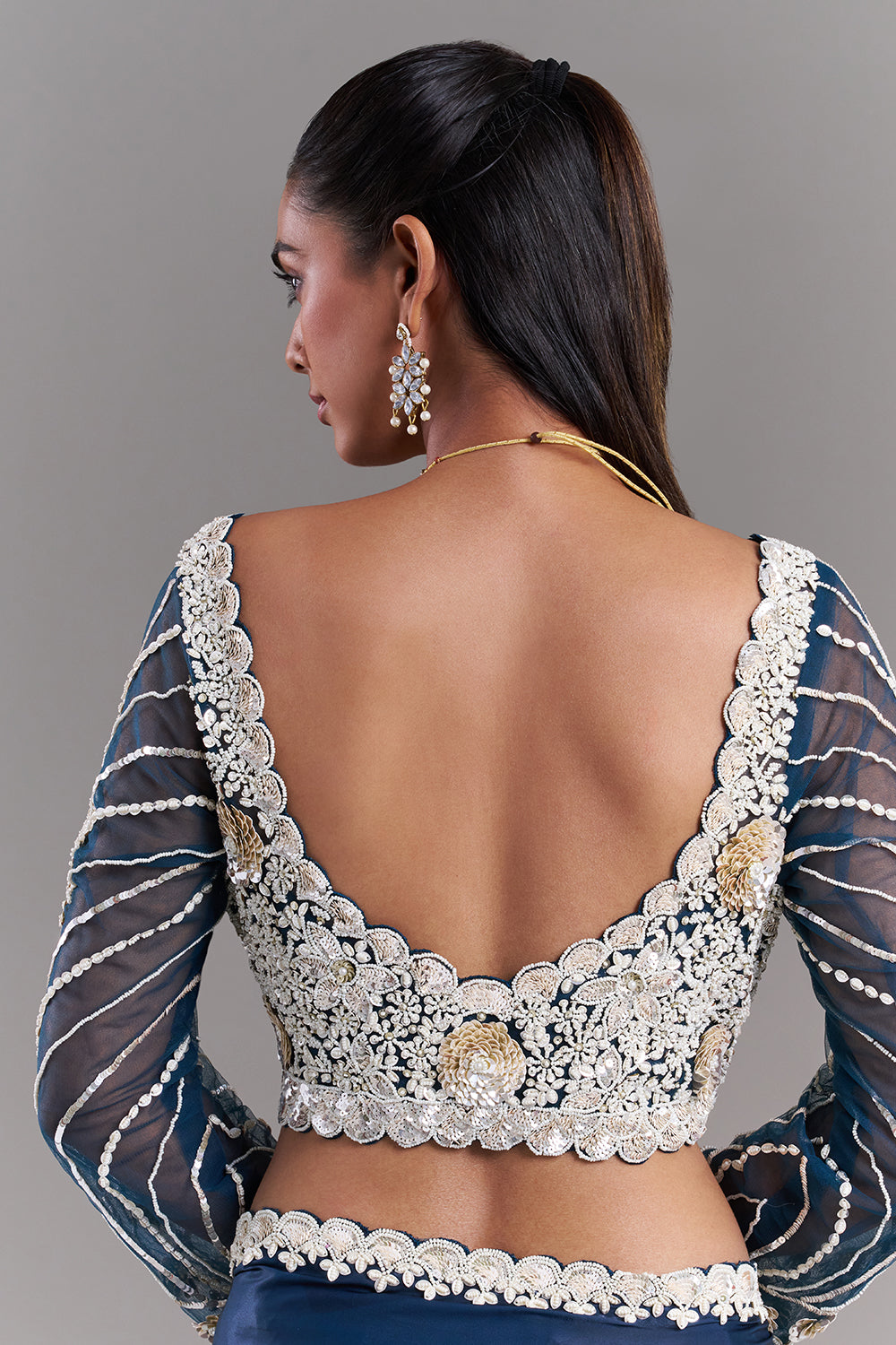 White and Blue Satin Organza Saree with Ornate Border