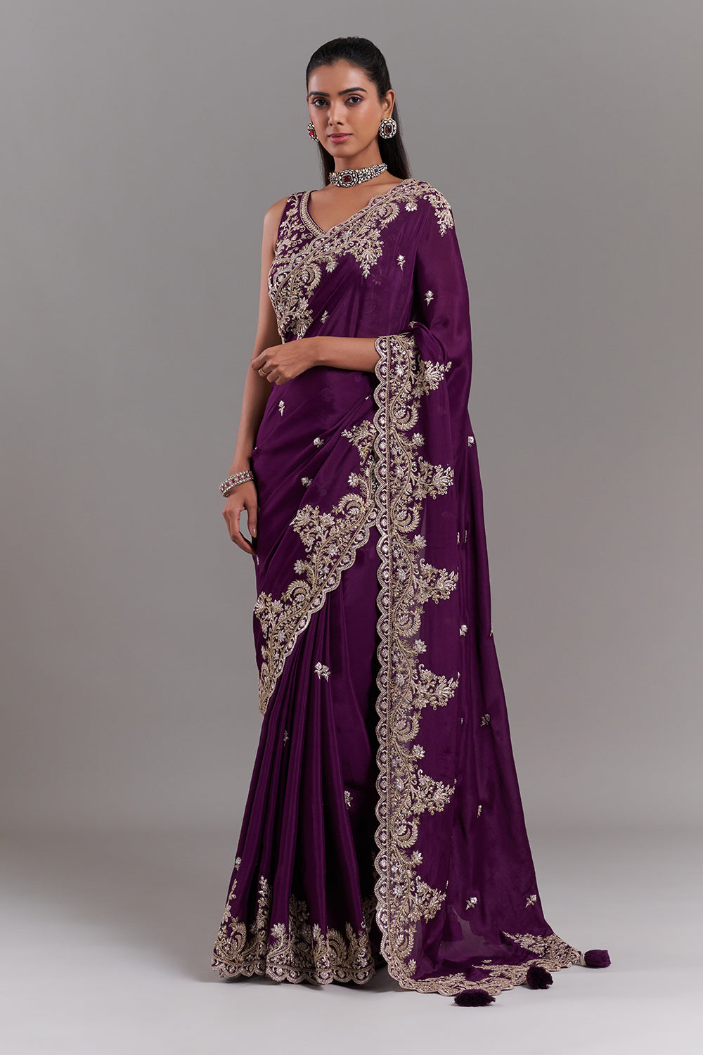 Wine Crepe Embroidered Saree with Ornate Border