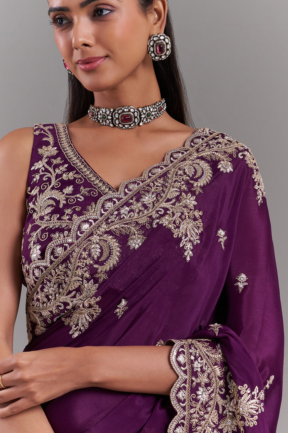 Wine Crepe Embroidered Saree with Ornate Border