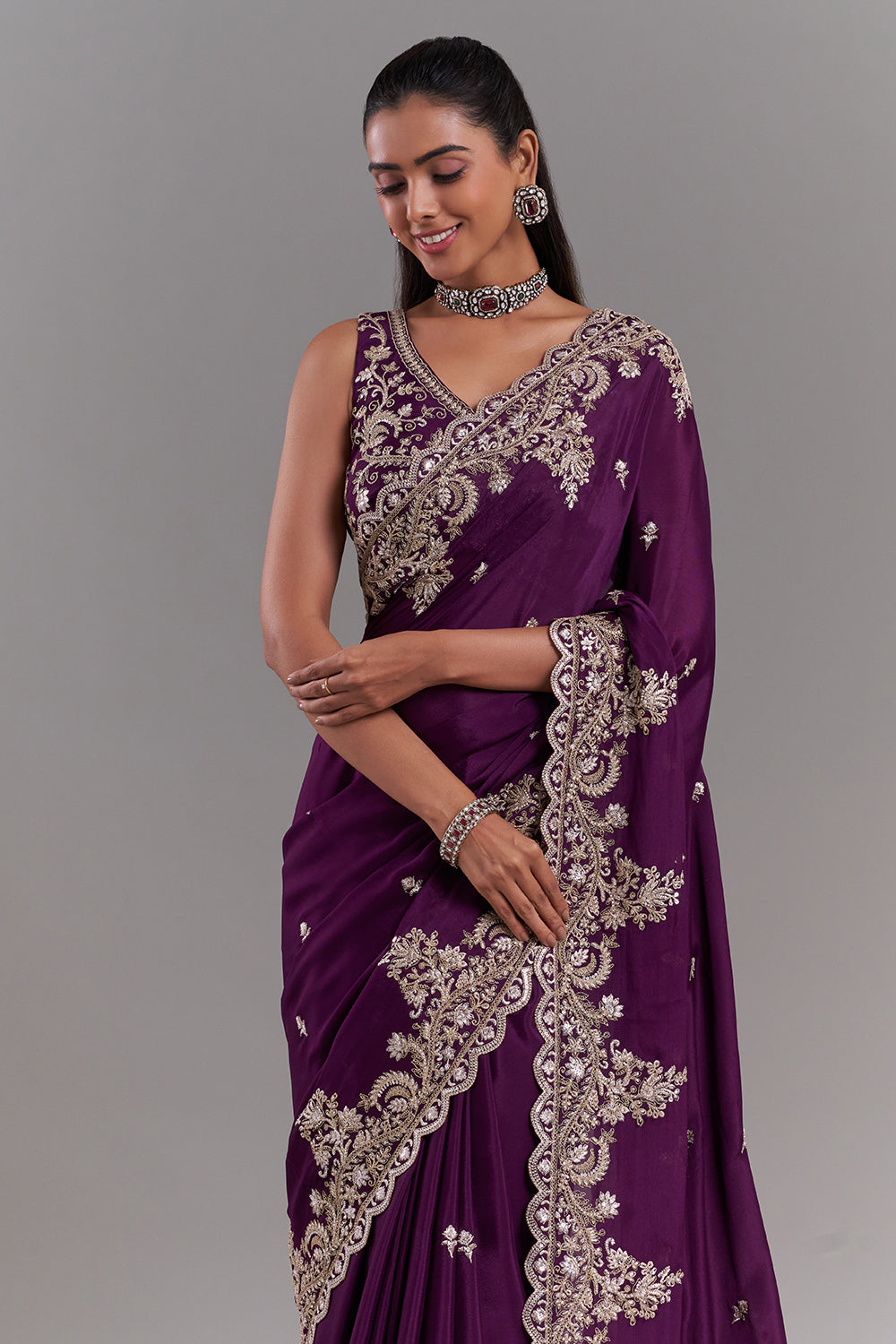Wine Crepe Embroidered Saree with Ornate Border