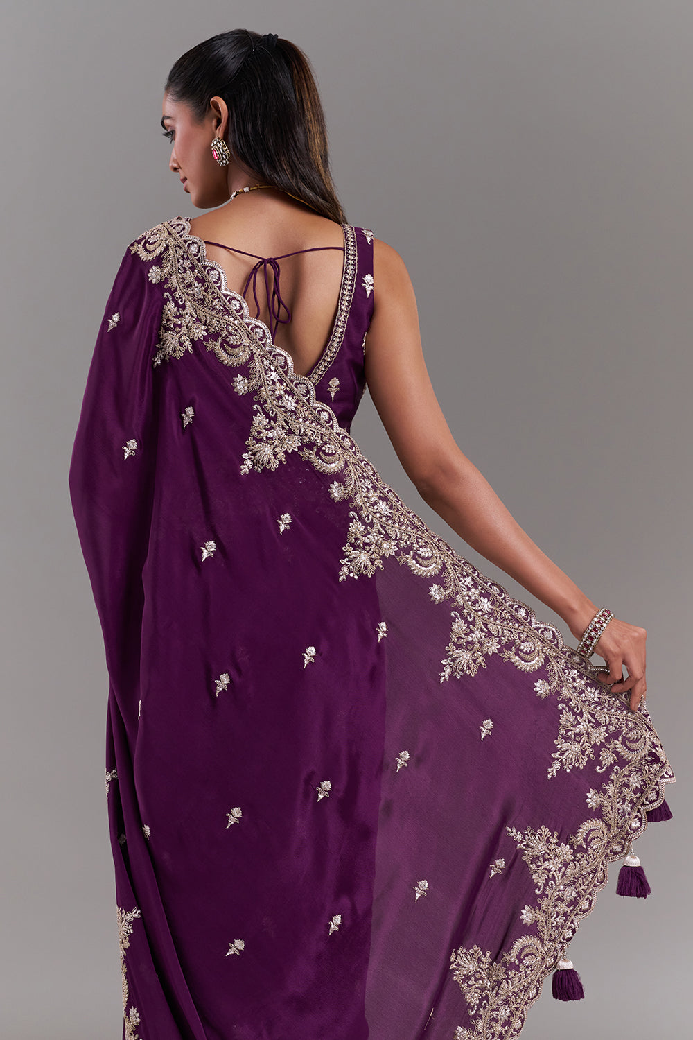 Wine Crepe Embroidered Saree with Ornate Border