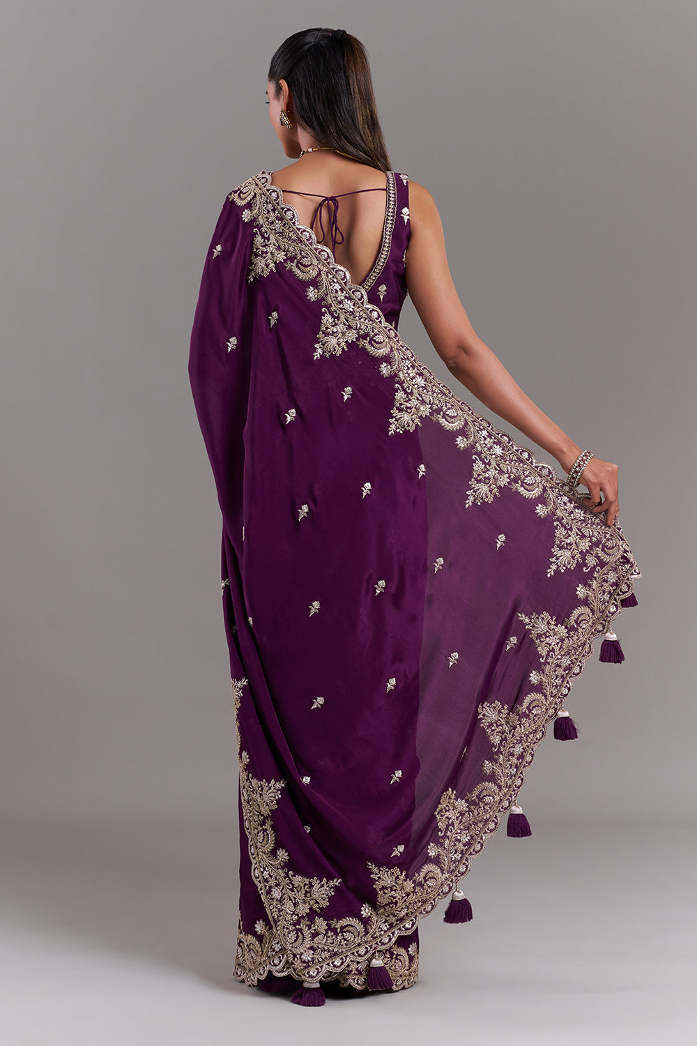 Wine Crepe Embroidered Saree with Ornate Border