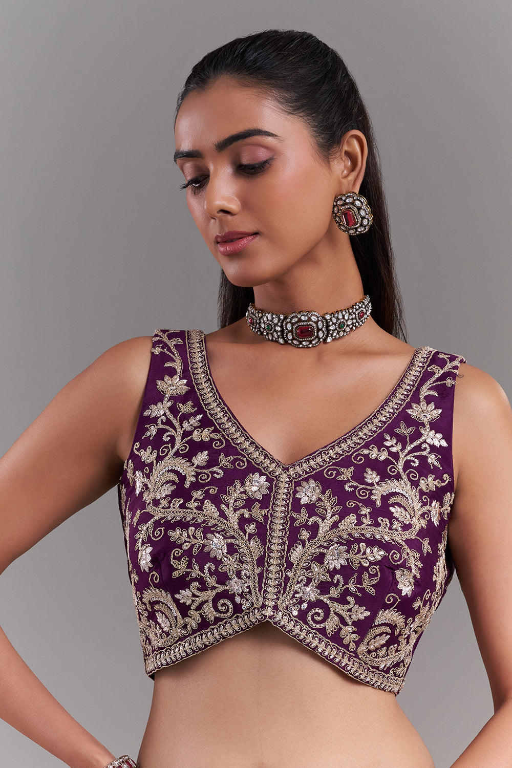 Wine Crepe Embroidered Saree with Ornate Border