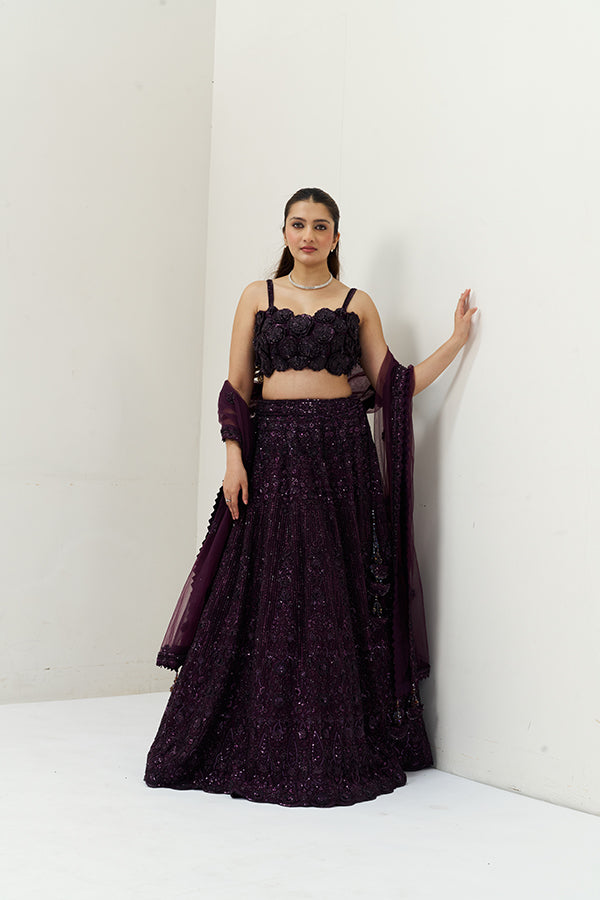 Wine Embellished Net Festive Lehenga Set