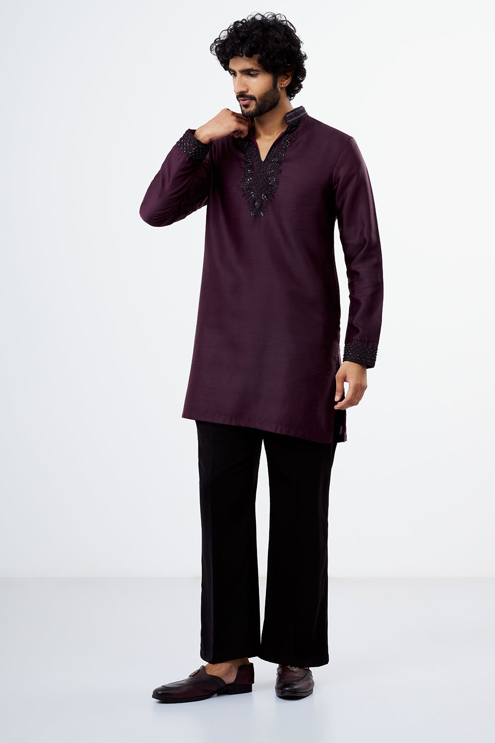 Wine Embroidered Polyester Men's Kurta Set