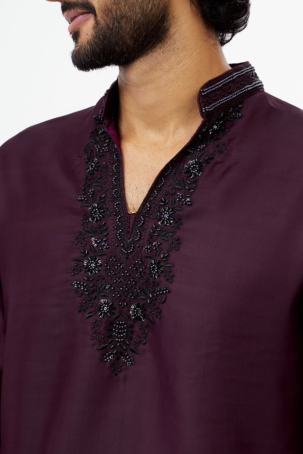 Wine Embroidered Polyester Men's Kurta Set