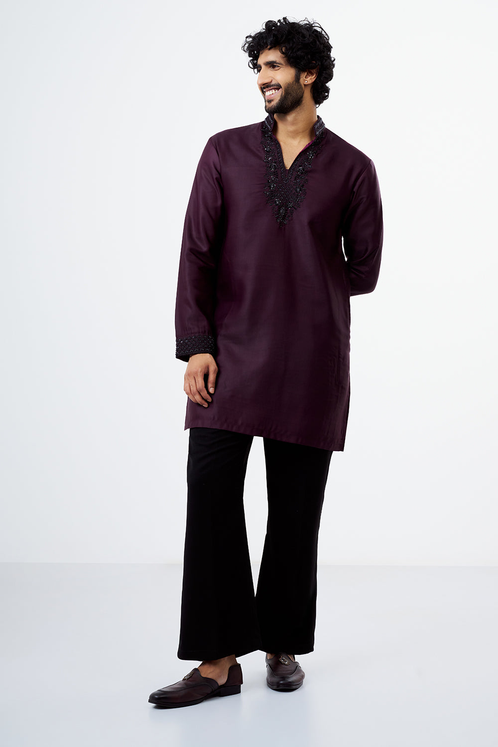 Wine Embroidered Polyester Men's Kurta Set
