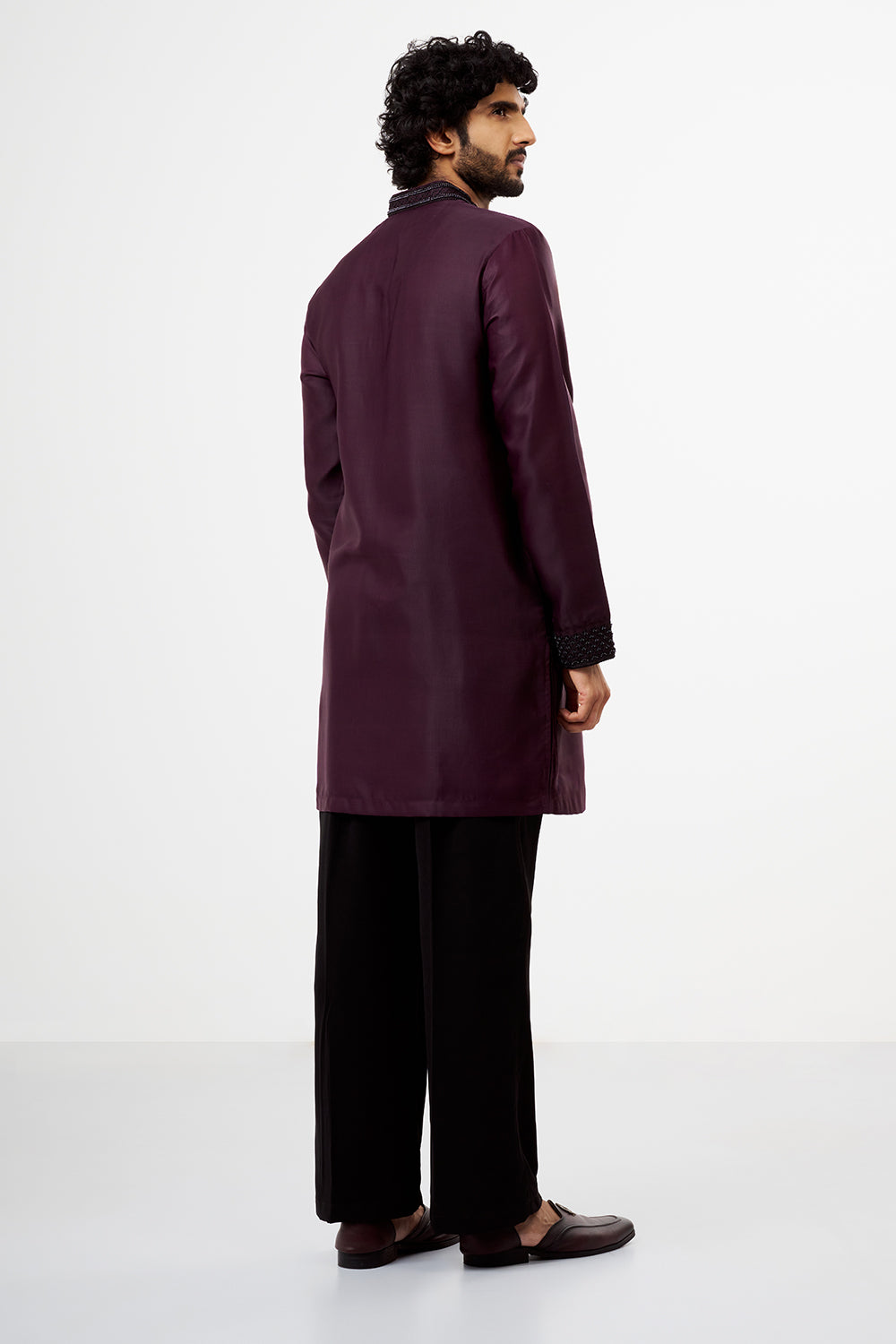 Wine Embroidered Polyester Men's Kurta Set