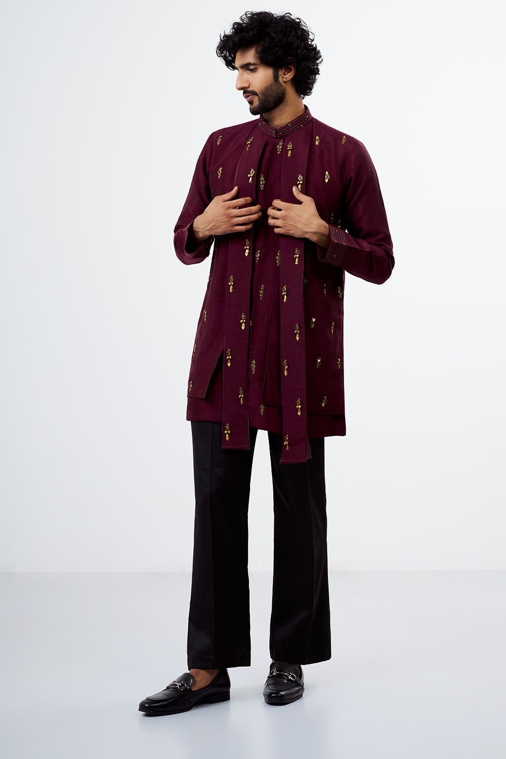 Wine Ghungroo, Zari & Thread Work Nokia Silk Men's Kurta Set