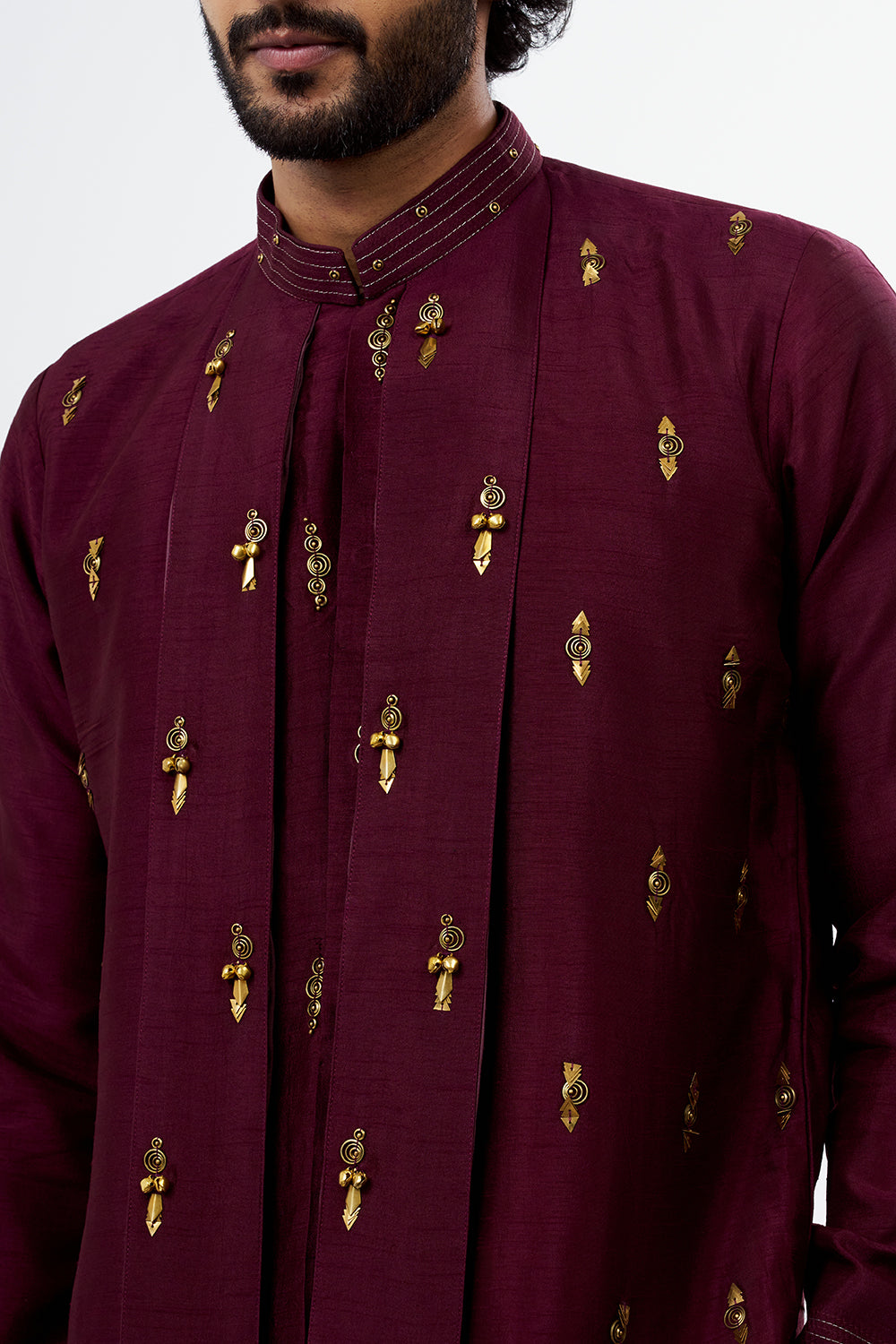 Wine Ghungroo, Zari & Thread Work Nokia Silk Men's Kurta Set