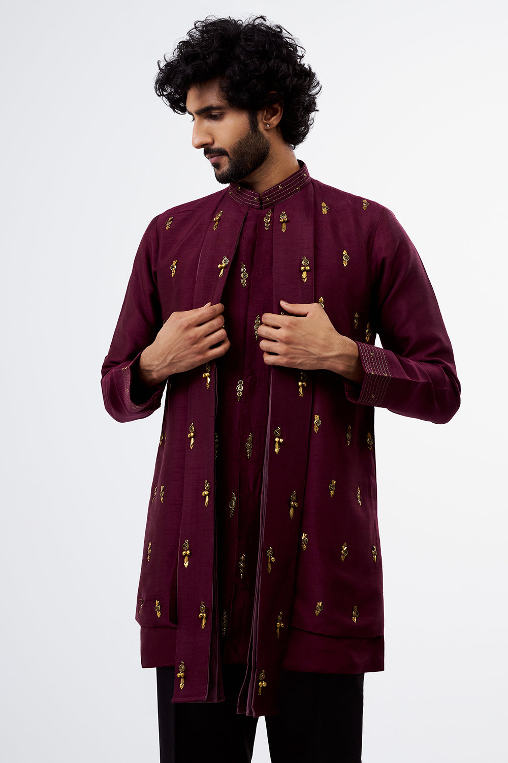 Wine Ghungroo, Zari & Thread Work Nokia Silk Men's Kurta Set