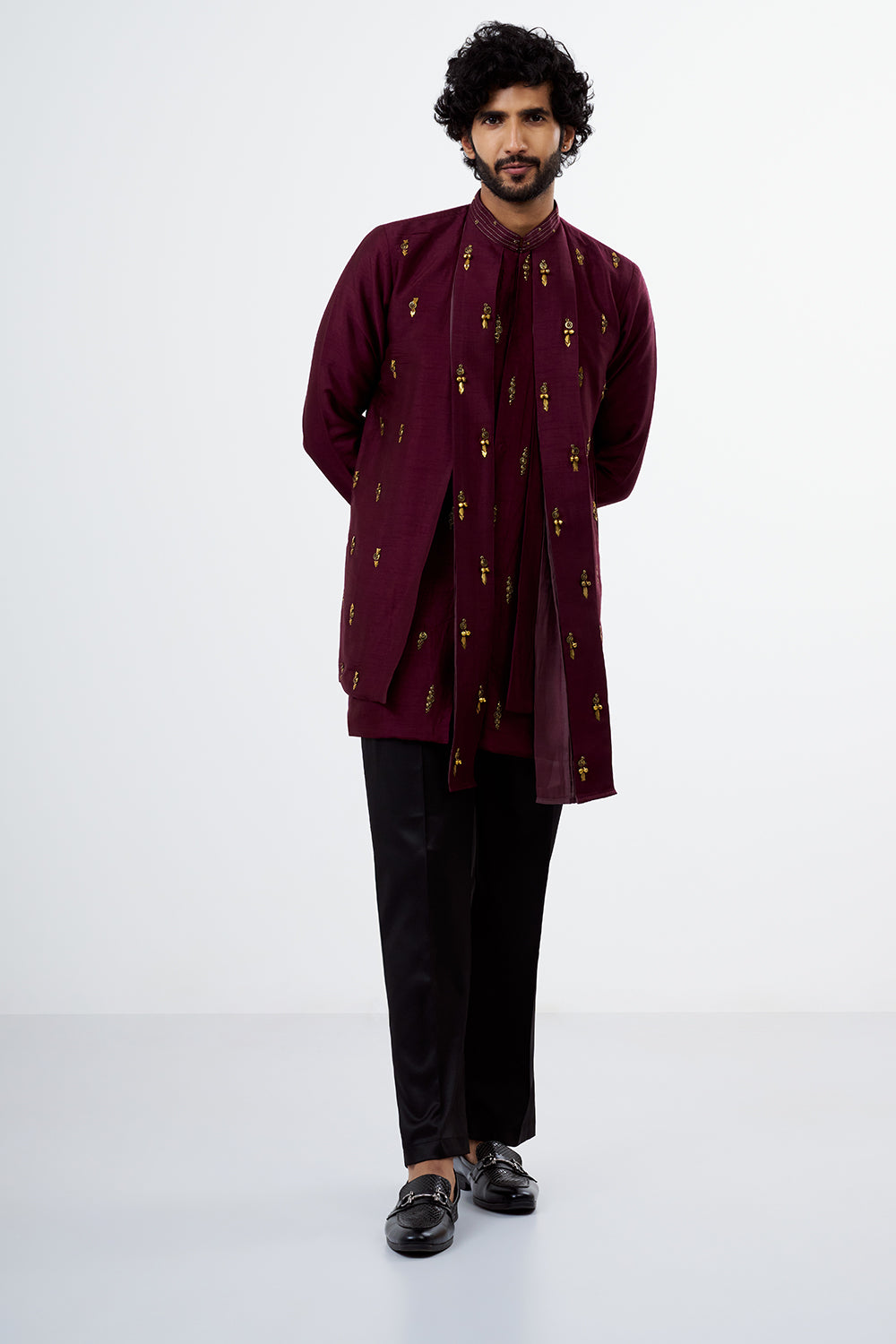 Wine Ghungroo, Zari & Thread Work Nokia Silk Men's Kurta Set