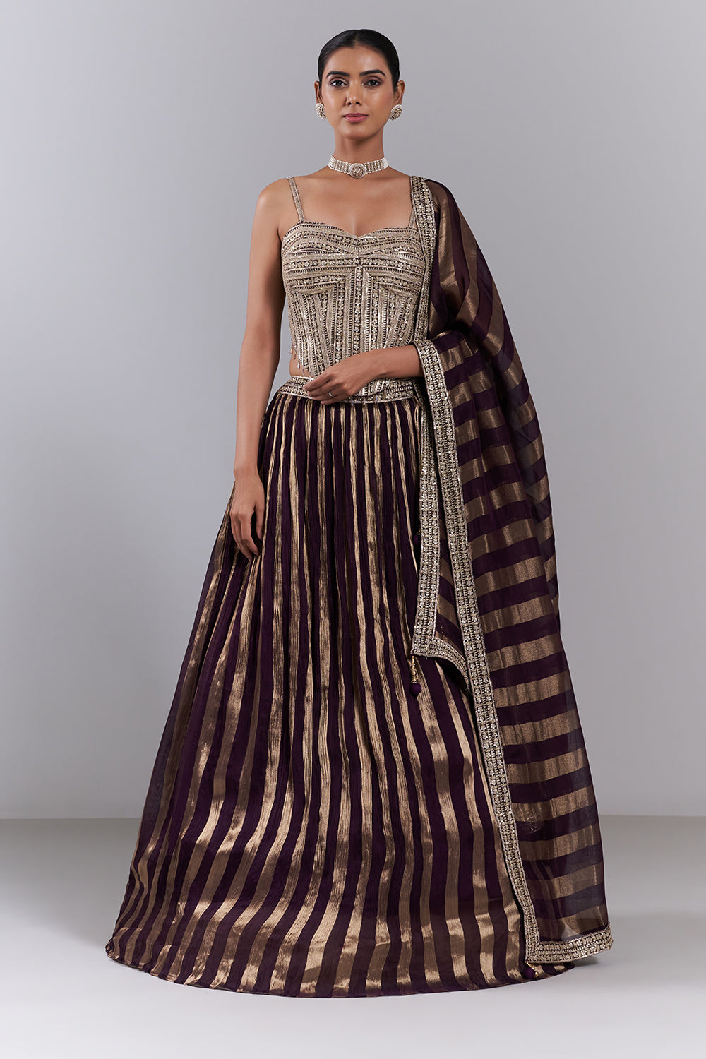 Wine Organza Sequin Embellished Lehenga Set