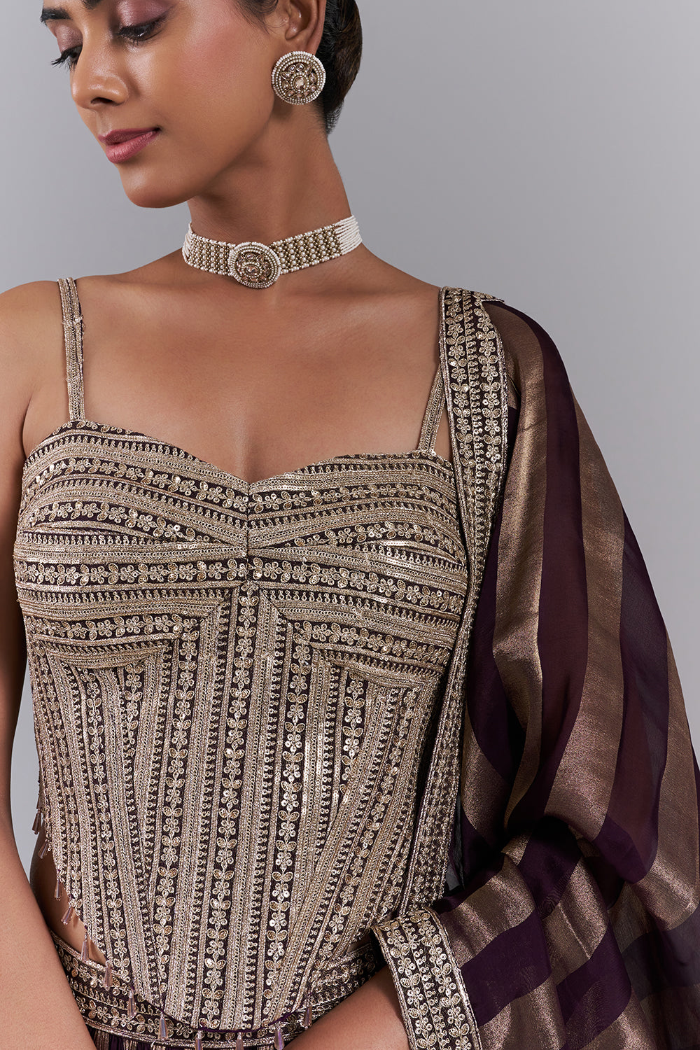 Wine Organza Sequin Embellished Lehenga Set