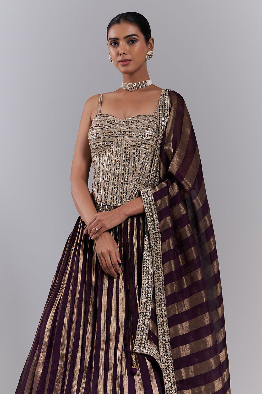 Wine Organza Sequin Embellished Lehenga Set