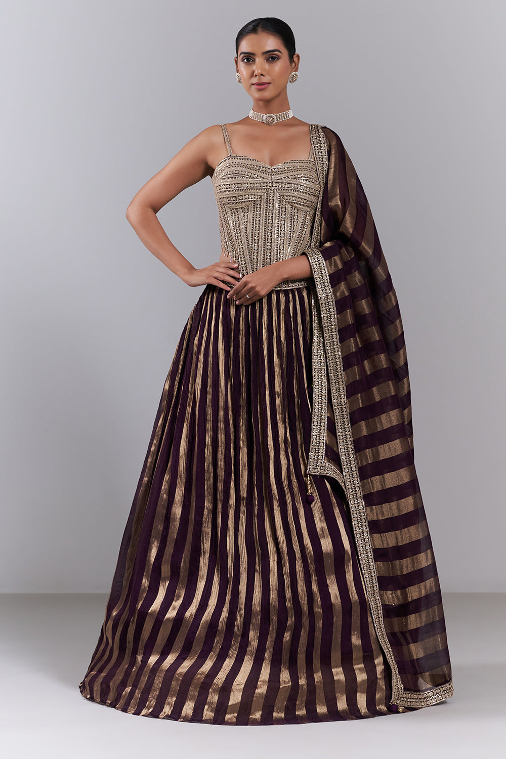 Wine Organza Sequin Embellished Lehenga Set