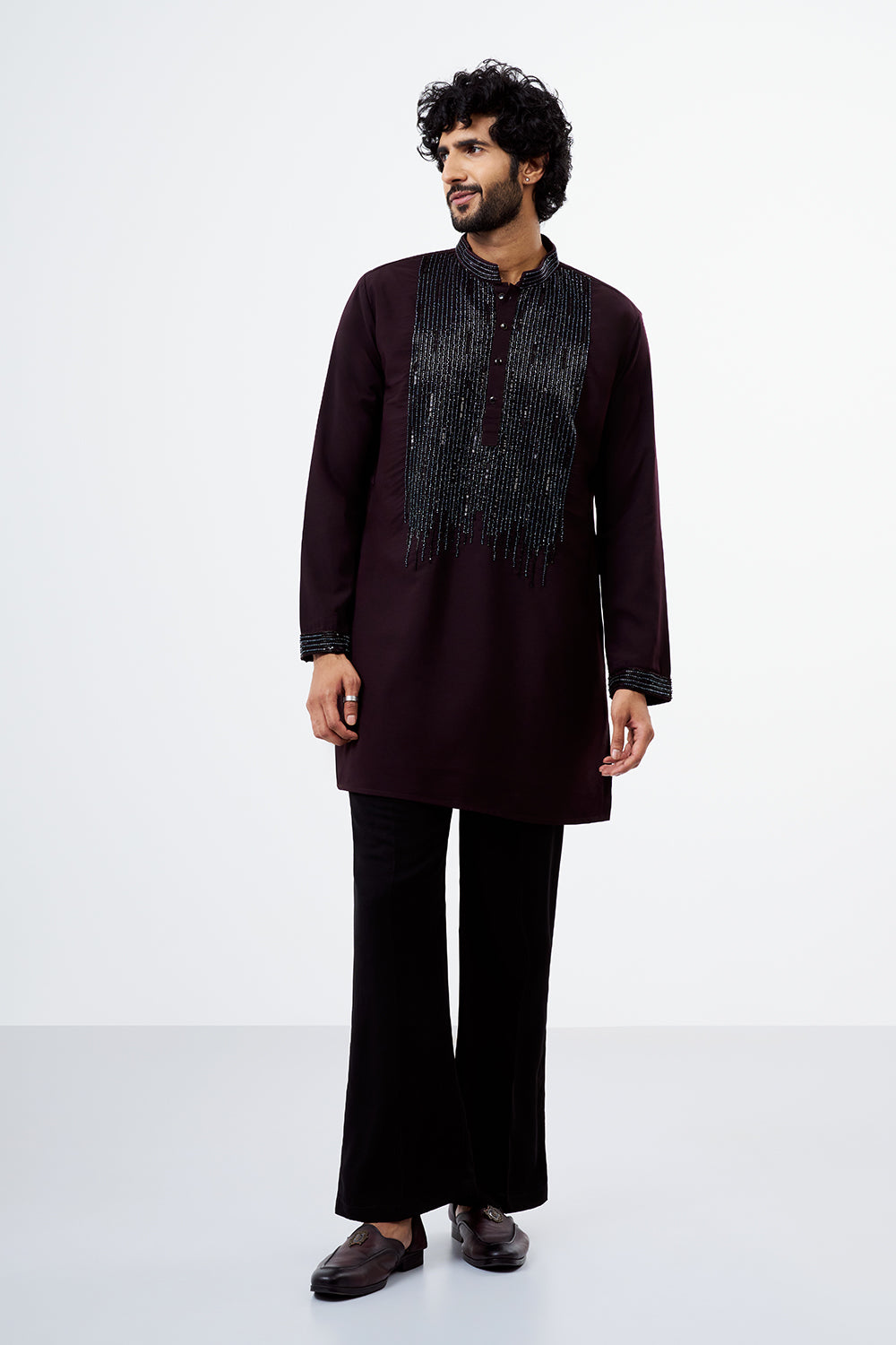 Wine Polyester Cotton Men's Kurta Set with Sequin Work