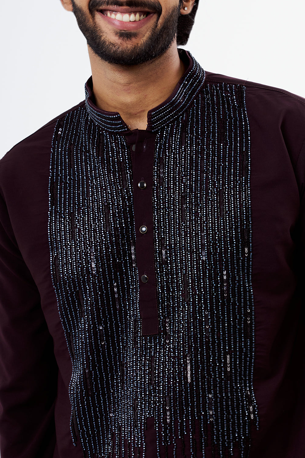 Wine Polyester Cotton Men's Kurta Set with Sequin Work