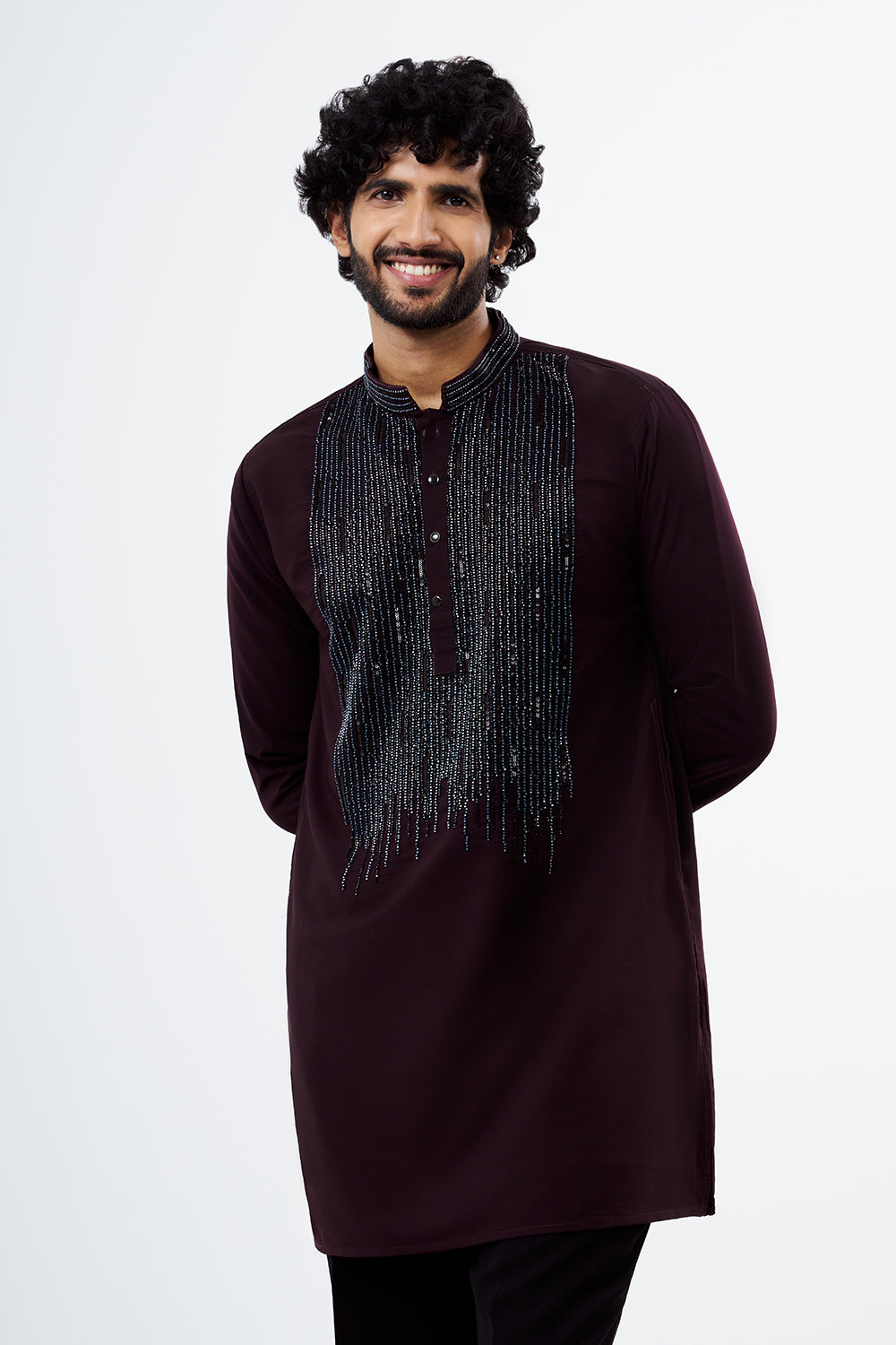 Wine Polyester Cotton Men's Kurta Set with Sequin Work
